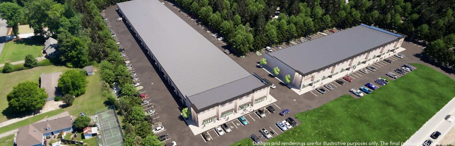 Aerial rendering of BoldFlex Cumming flex and retail campus on Atlanta Hwy near GA-400 Exit 13